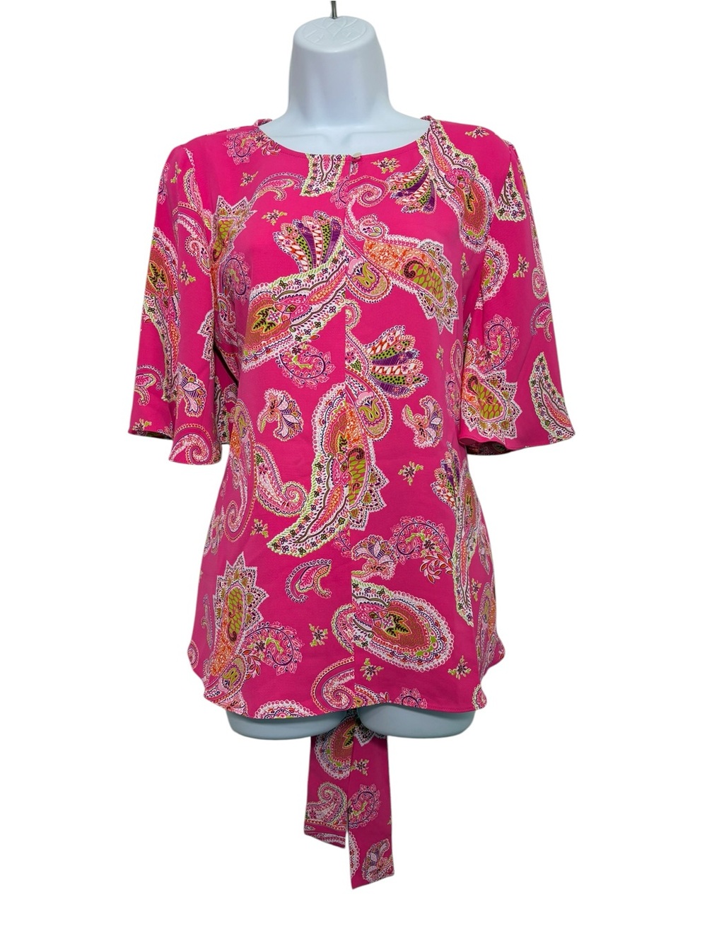 Susan Graver Colorful Pink Paisley Tie Back Blouse SzS Bell Sleeve Keyhole Top